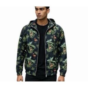 Men's Denim & Flower Flamingo/Palms Hooded Zip  Jacket Sz Medium‎